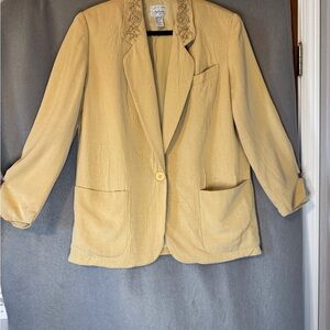 Elegant Tan Women's Blazer with Embroidered Collar. Good Used Condition.